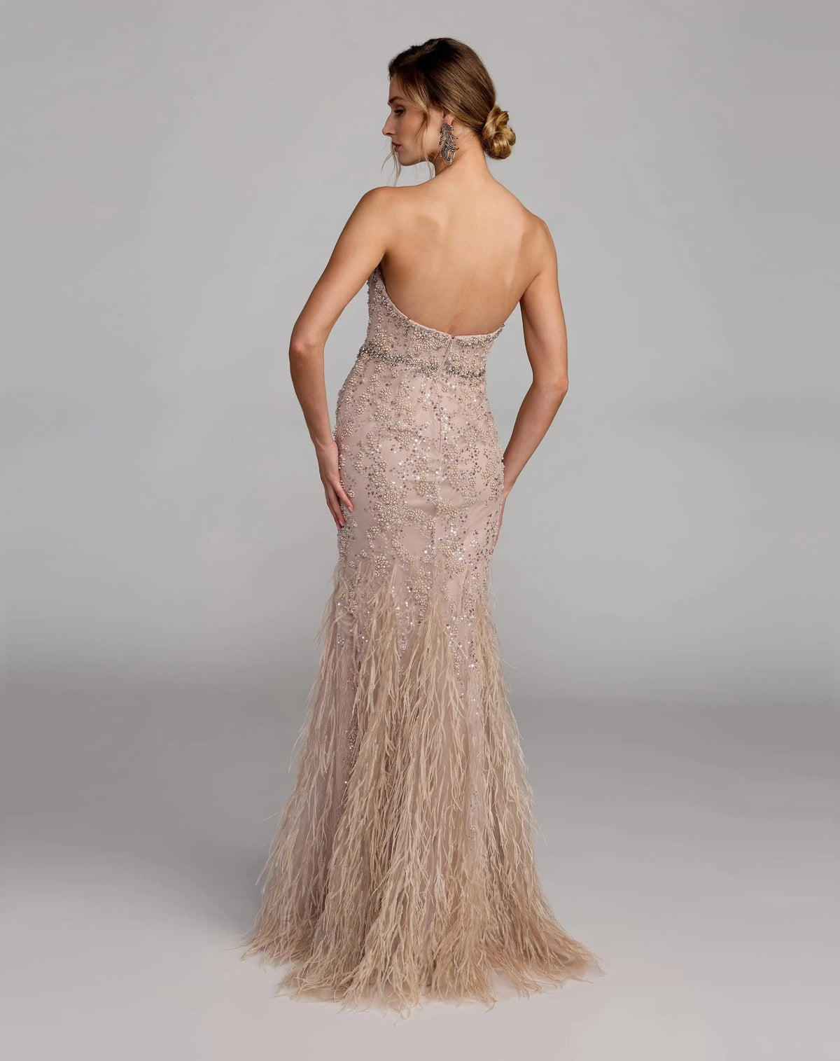 Mac Duggal Beige Strapless Embellished Mermaid Gown With Feather Hem #77103 Champagne