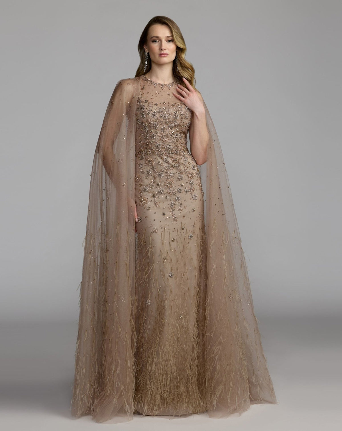 Crystal Embellished Cape Gown with Feathers