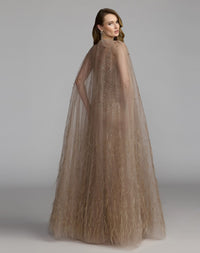 Crystal Embellished Cape Gown with Feathers