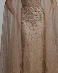 Crystal Embellished Cape Gown with Feathers