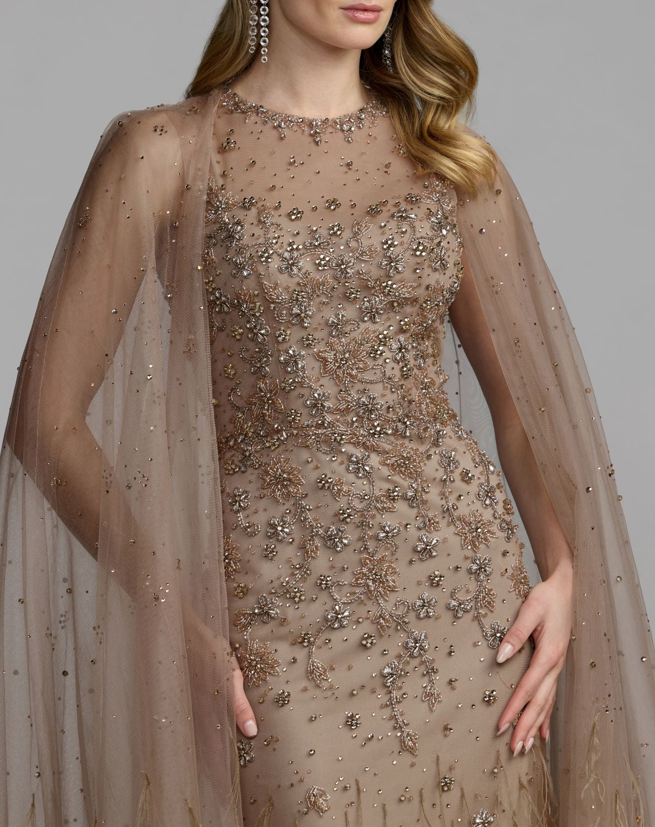 Crystal Embellished Cape Gown with Feathers