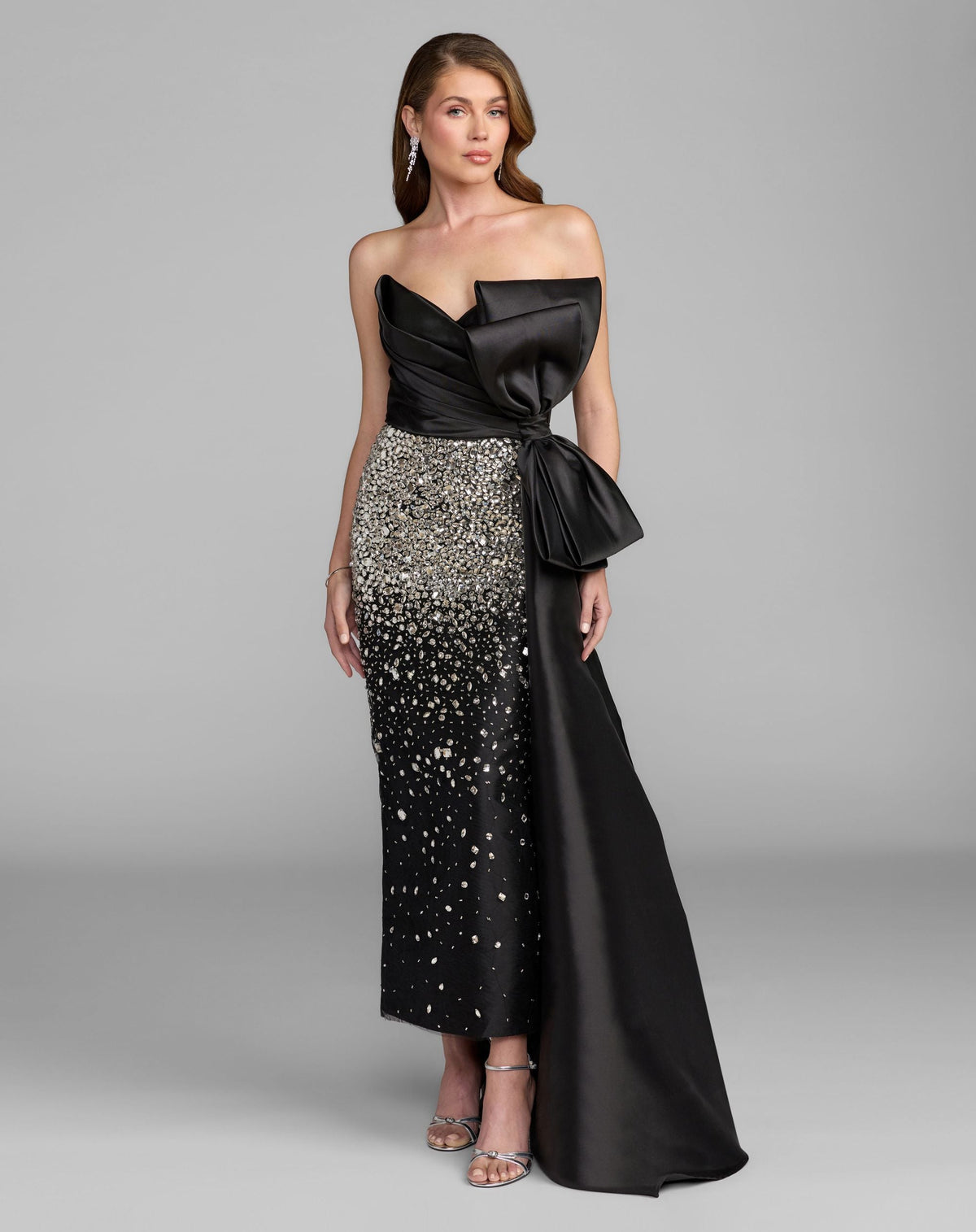 Mac Duggal #77105 black silver strapless crystal embellished satin dress with bow
