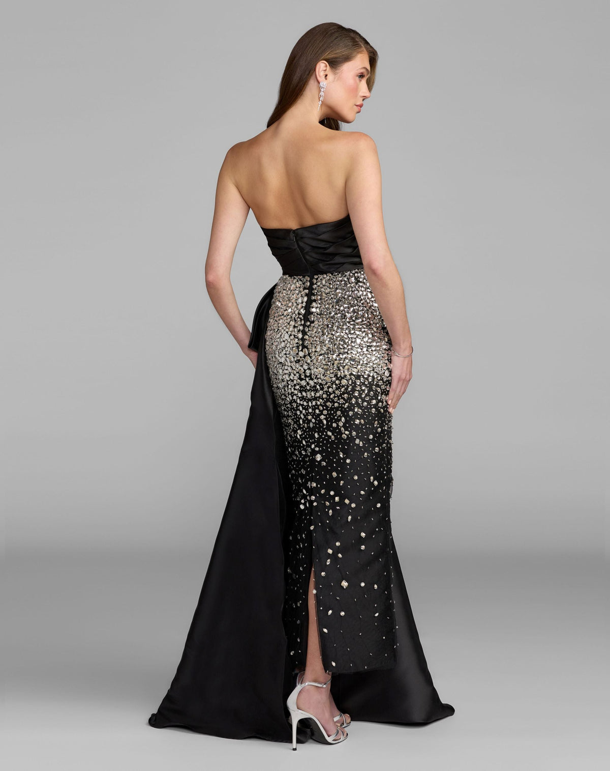 Mac Duggal #77105 black silver strapless crystal embellished satin dress with bow