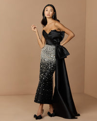 Mac Duggal #77105 black silver strapless crystal embellished satin dress with bow