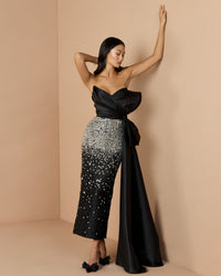 Mac Duggal #77105 black silver strapless crystal embellished satin dress with bow