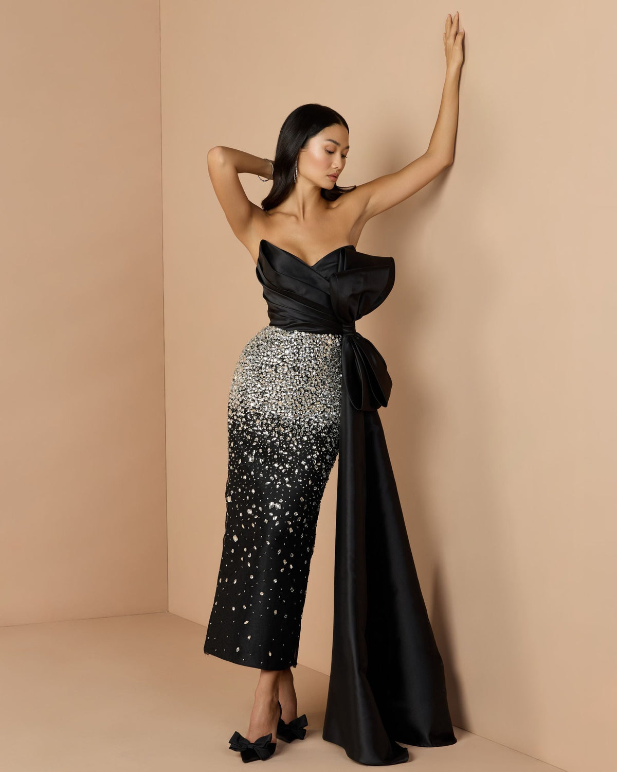 Mac Duggal #77105 black silver strapless crystal embellished satin dress with bow