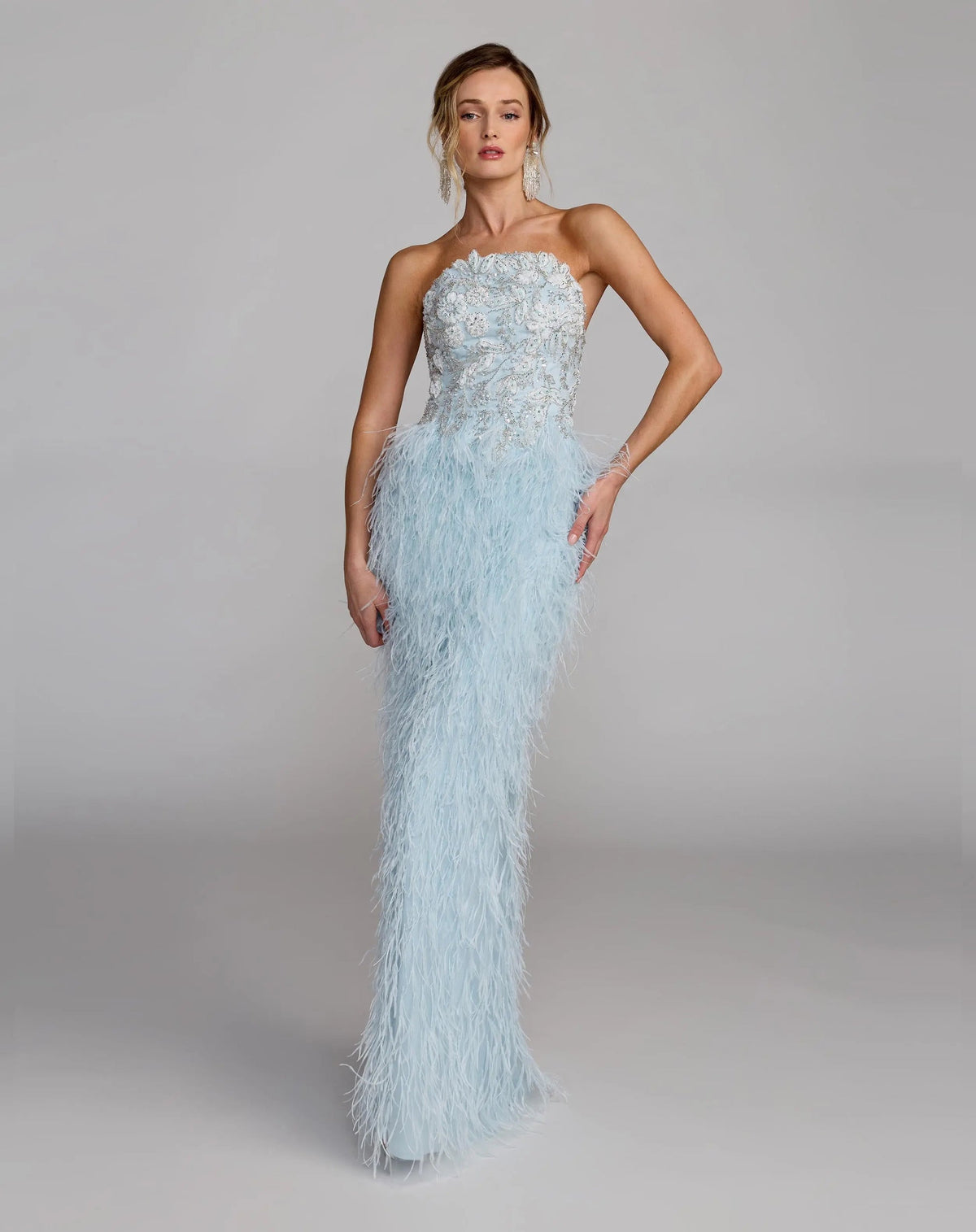 Mac Duggal Blue Embellished Strapless Feather Gown #77107 Powder Blue