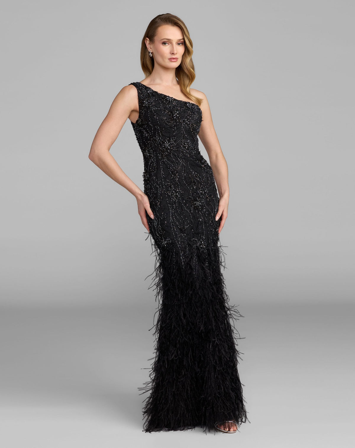 Mac Duggal #77112 black embellished lace one shoulder feather gown