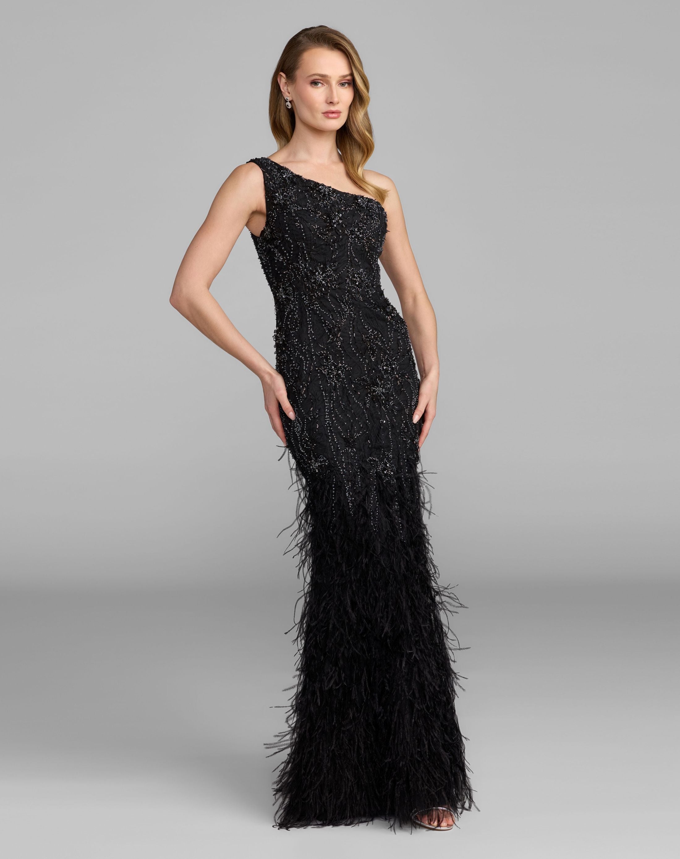Mac Duggal #77112 black embellished lace one shoulder feather gown