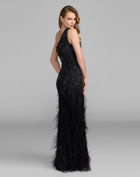 Mac Duggal #77112 black feather hem gown back view