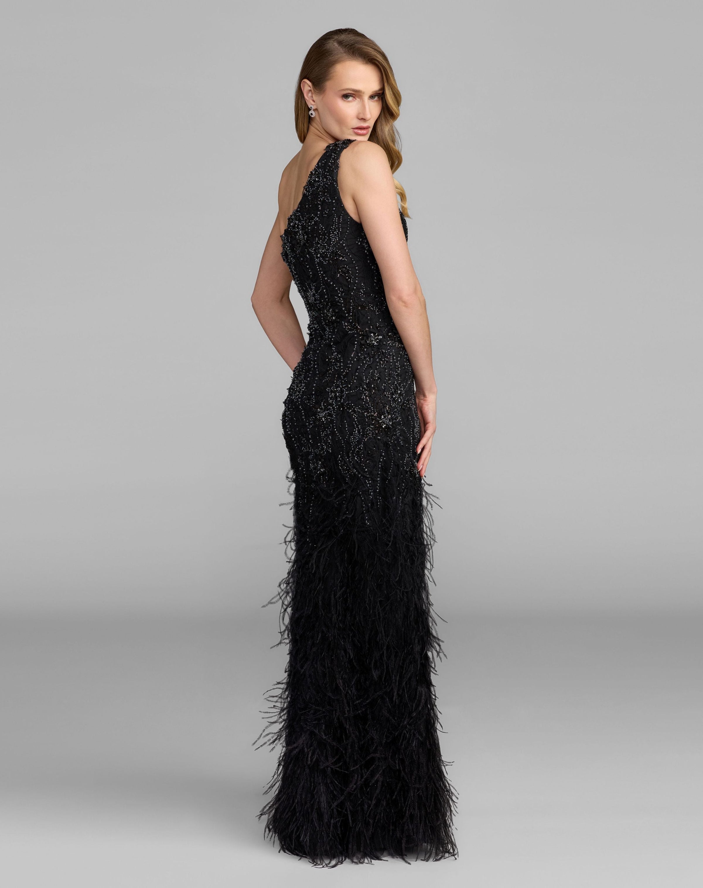 Mac Duggal #77112 black feather hem gown back view