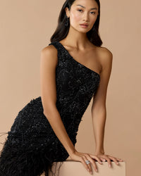 Mac Duggal #77112 black one shoulder feather gown alternate lifestyle shot