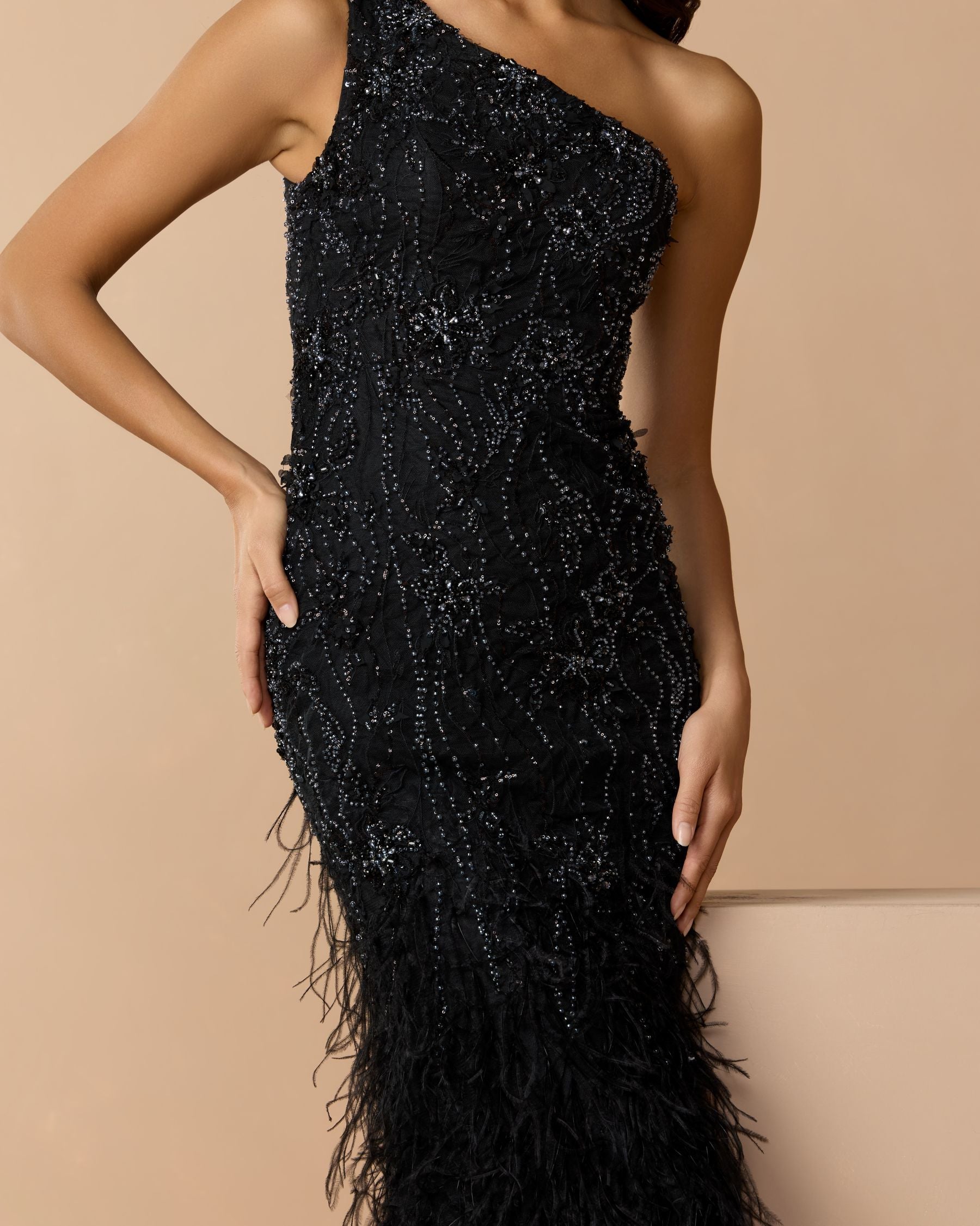Mac Duggal #77112 black feather gown embellishment close-up