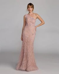 Mac Duggal Pink Embellished Lace One Shoulder Feather Gown #77112