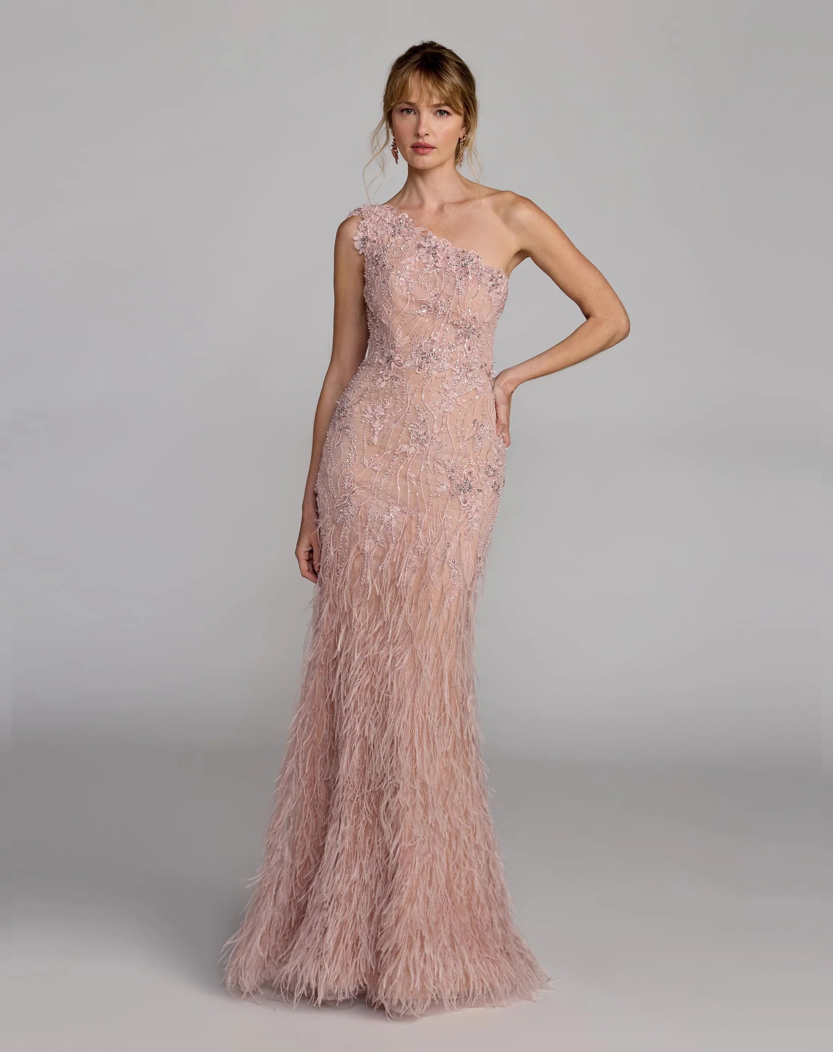 Mac Duggal Pink Embellished Lace One Shoulder Feather Gown #77112