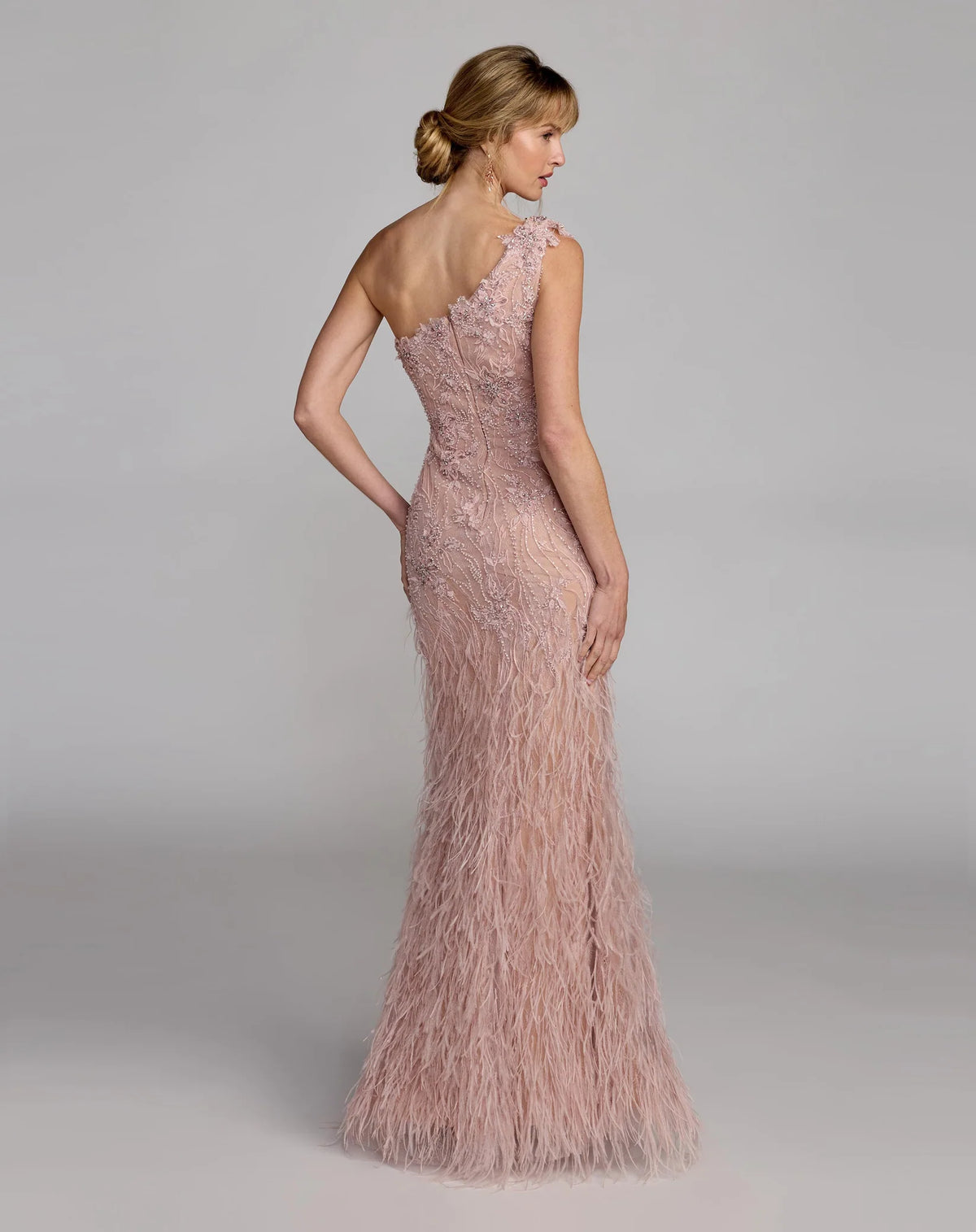 Mac Duggal Pink Embellished Lace One Shoulder Feather Gown #77112