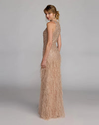 Back view of the Porcelain formal dress showcasing the continuous high-neck lace pattern, rear zip closure, and feathered texture.