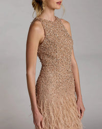 Side view of the sleeveless Porcelain high-neck evening gown featuring a beaded lace bodice and a dramatic feathered skirt.