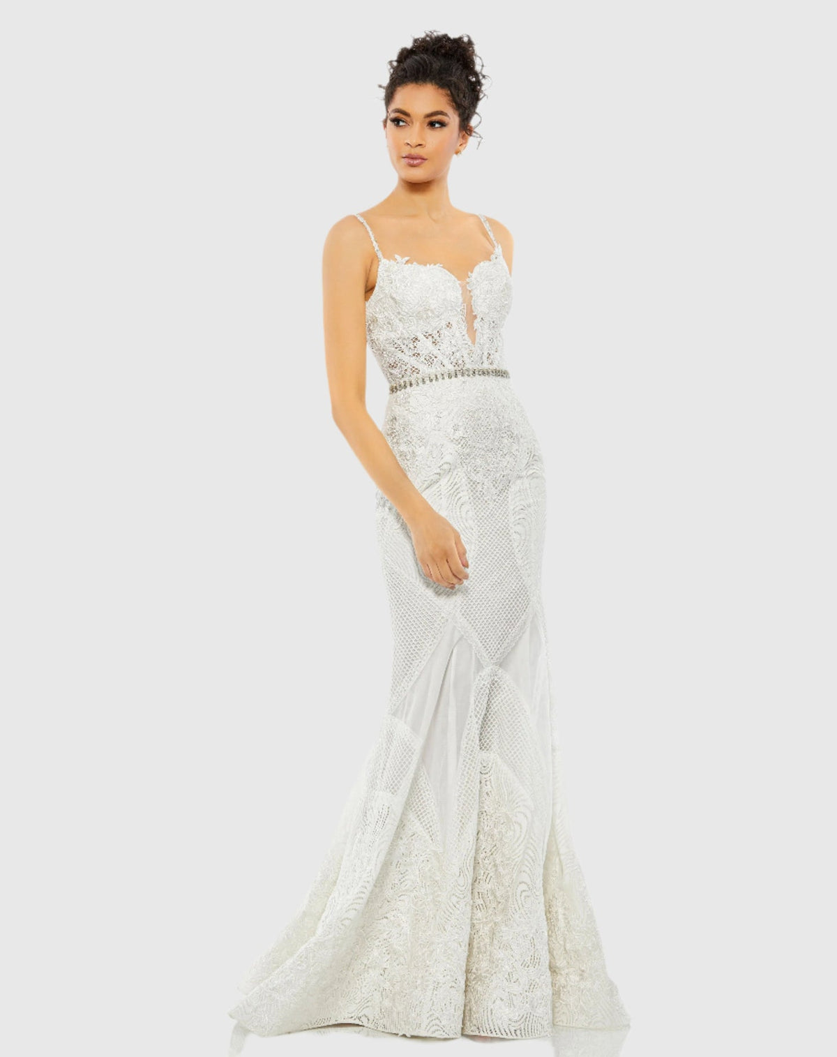 Mac Duggal #79082 Embroidered Sleeveless Plunge Neck Trumpet Gown, Ivory 