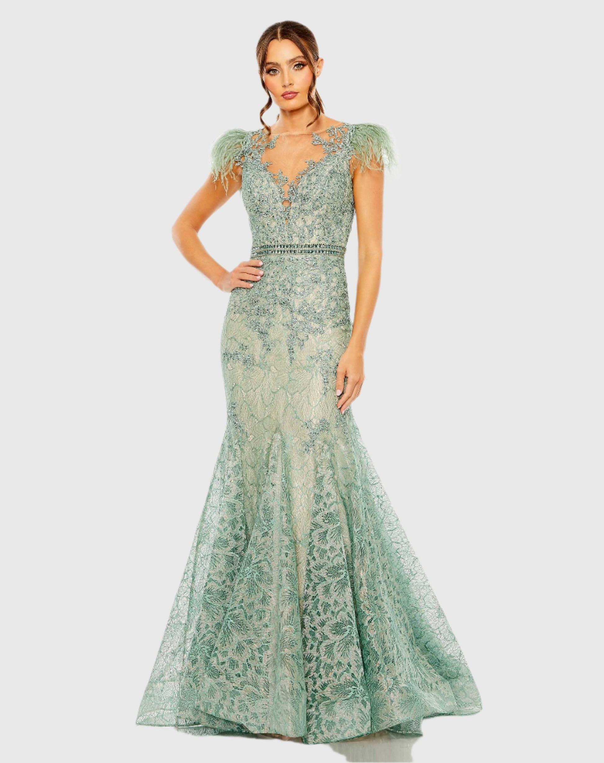 Mac Duggal 79230 Embellished Feather Cap Sleeve Illusion Neck Trumpet Gown Sage Shop Prom Dresses Wedding Guest Dresses and Black Tie Evening Gowns Online at SHAIDE SHAIDE BOUTIQUE
