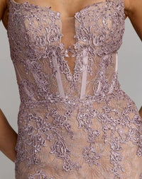 Very Close-up: Mac-Duggal-Vintage-Lilac-Lace-Bustier-Sweetheart-Neckline-Detail