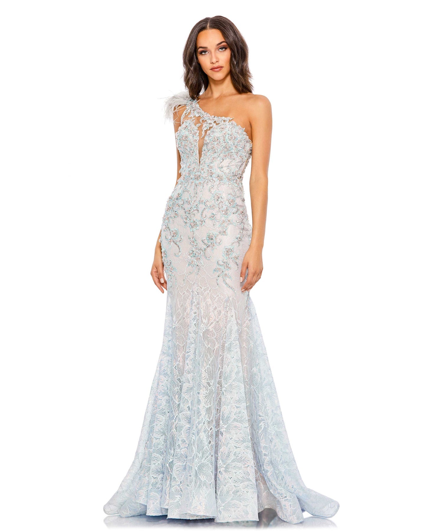 Asymmetric feather one shoulder gown Blue