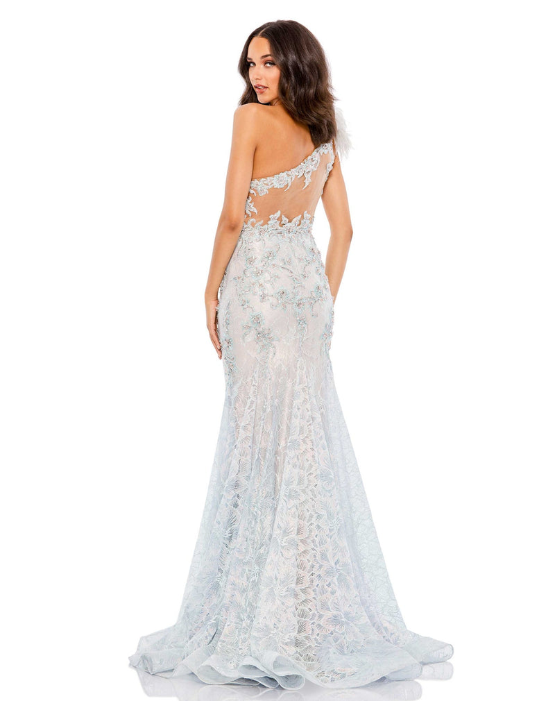 Mac Duggal Style #79264 Asymmetric feather one shoulder gown - Blue back