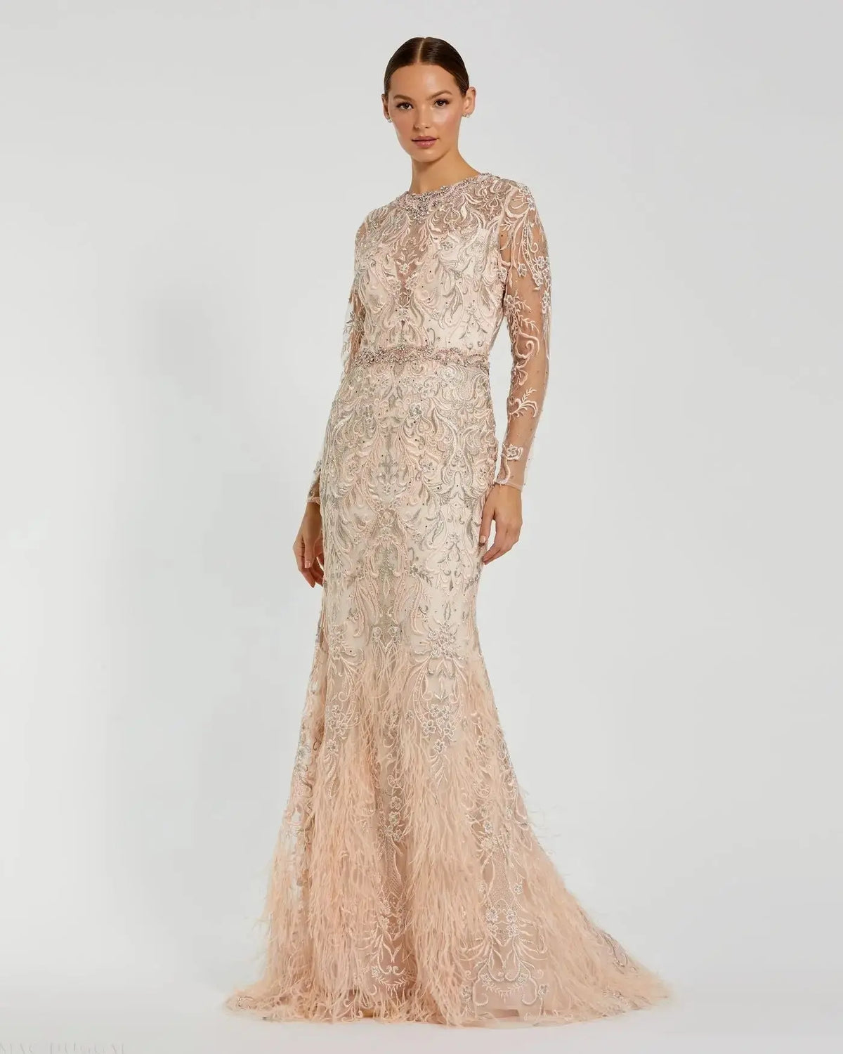 Full length front view of Mac Duggal 79267 blush embroidered long sleeve gown with feather hem