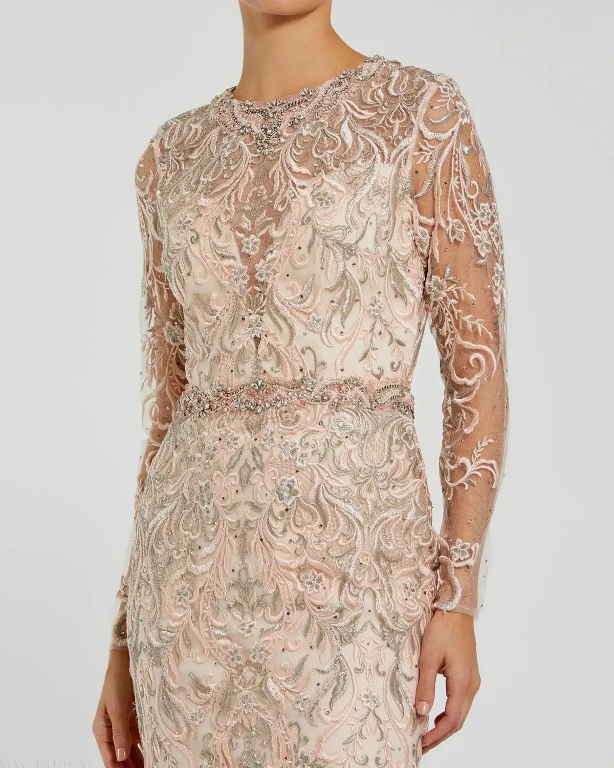 Close-up detail of high illusion neckline and intricate floral embroidery with gem accents on Mac Duggal 79267 gown