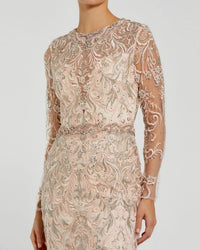 Close-up detail of high illusion neckline and intricate floral embroidery with gem accents on Mac Duggal 79267 gown