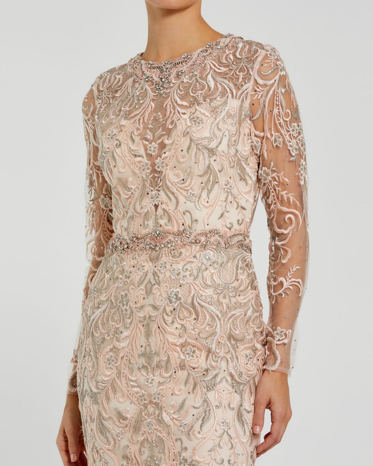 Embroidered Illusion Long Sleeve Trumpet Gown - Pink