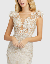 High Neck Shoulder Flower Detail Mermaid Gown - Ivory Nude