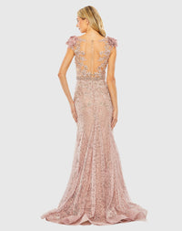 High Neck Shoulder Flower Detail Mermaid Gown - Ivory Nude