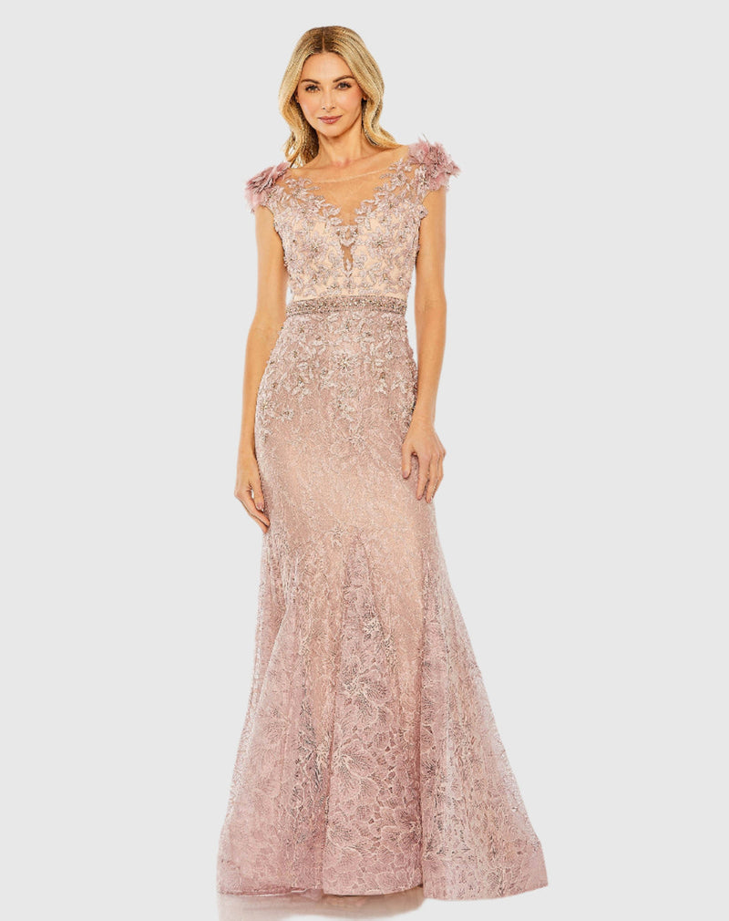 Mac Duggal #79268 High Neck Shoulder Flower Detail Mermaid Gown mocha