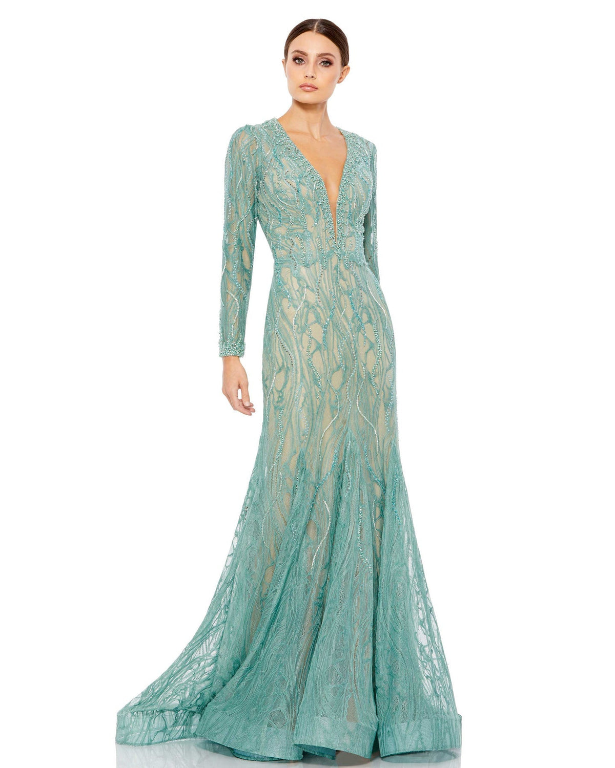 Beaded long sleeve plunge-neck modest gown - Sage