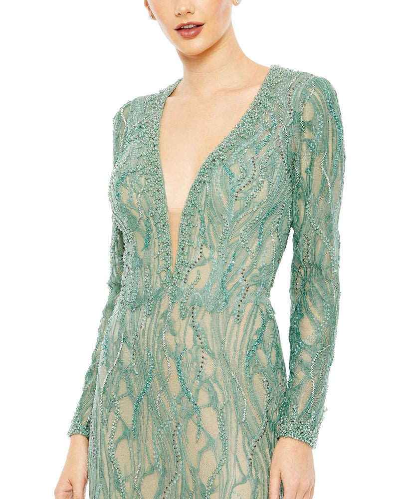 Beaded long sleeve plunge-neck modest gown - Sage