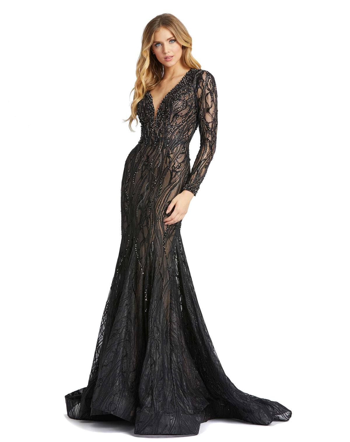 Beaded long sleeve plunge-neck most gown - Black