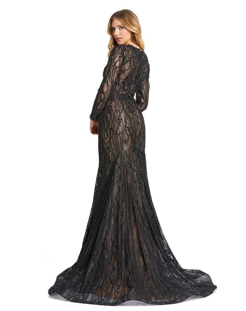 Beaded long sleeve plunge-neck most gown - Black