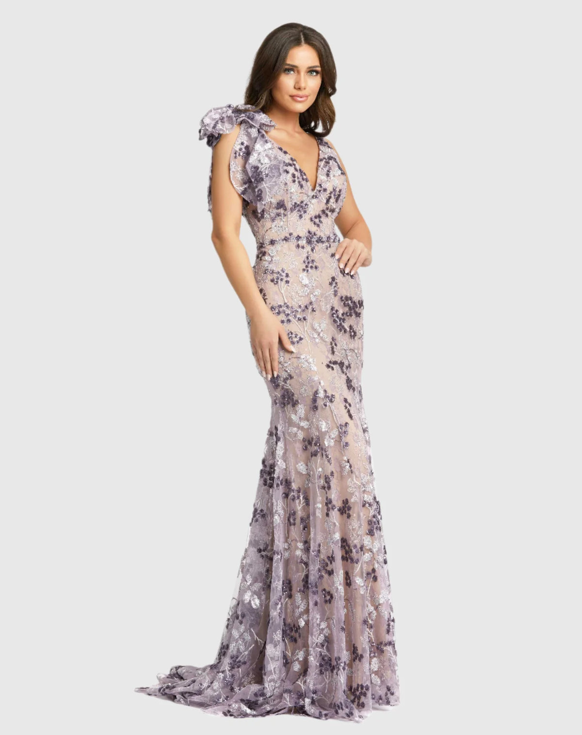 Mac Duggal, Floral embellished sleeveless V-neck gown, Purple #79301 