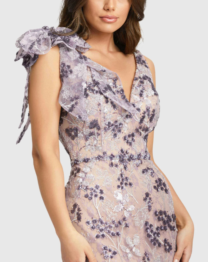 Floral embellished sleeveless V-neck gown - Purple