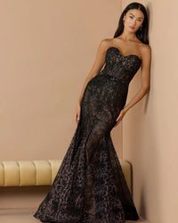 Mac Duggal #79308 black lace trumpet gown studio side view