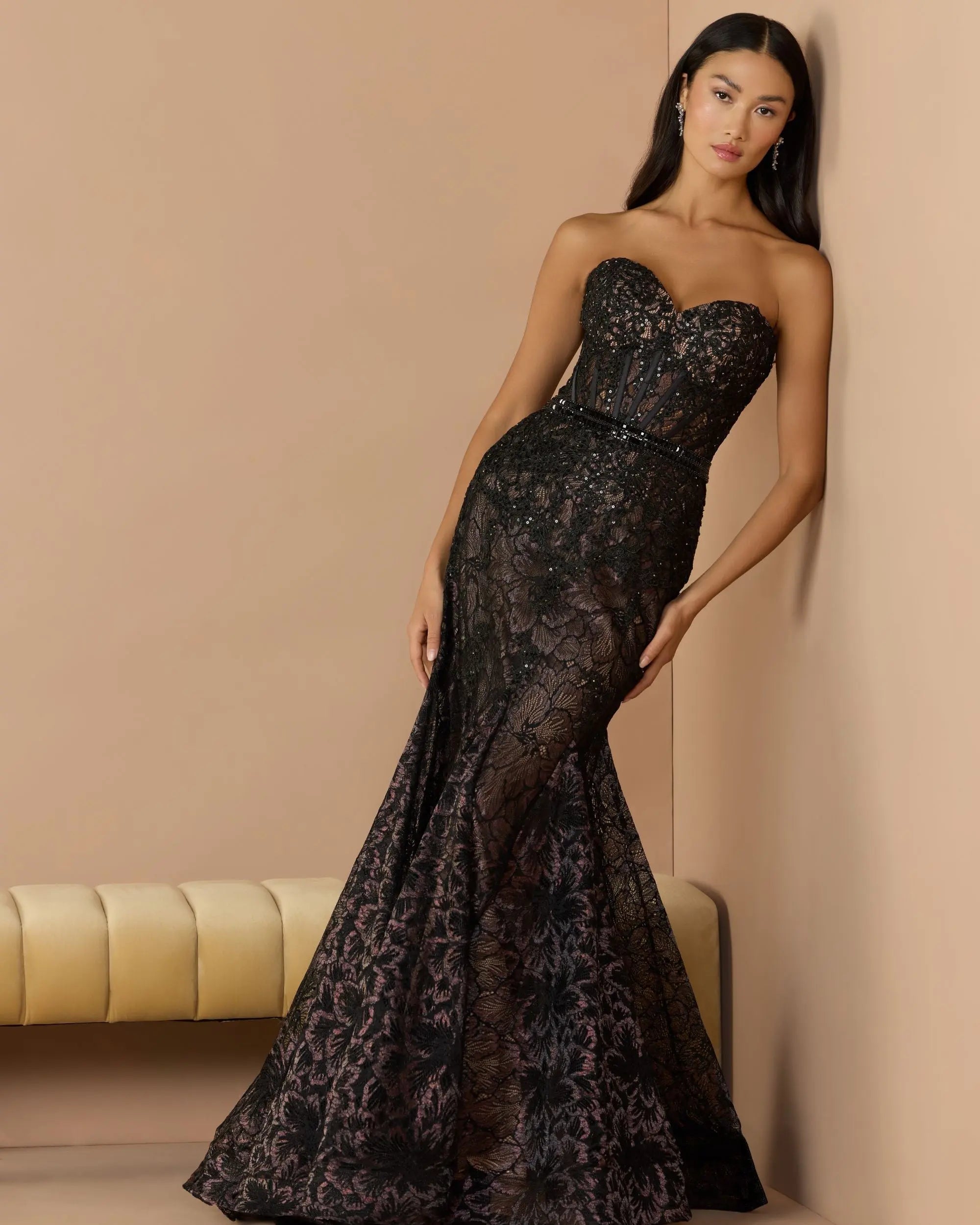 Mac Duggal #79308 black lace trumpet gown studio side view