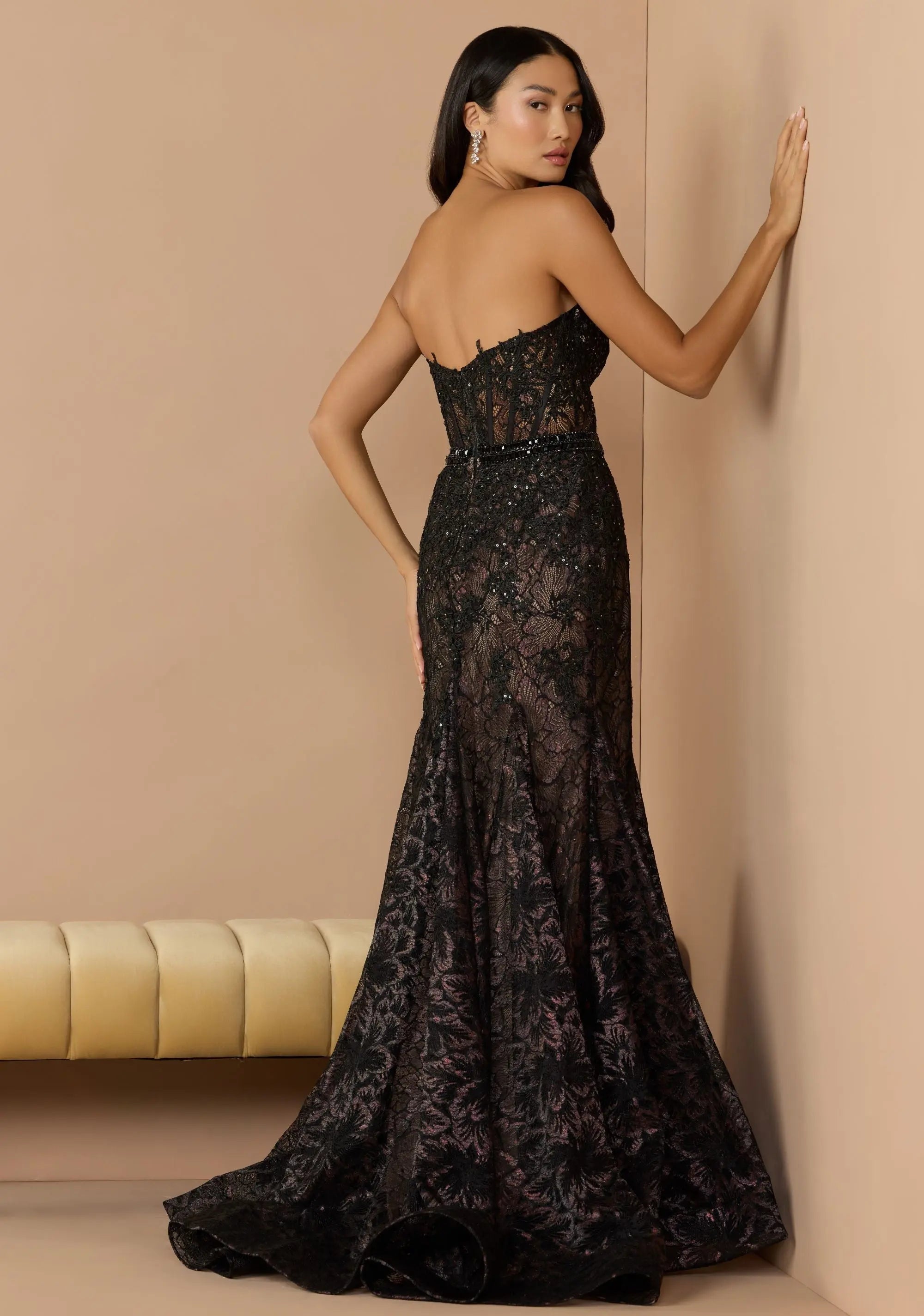 Mac Duggal #79308 black lace trumpet gown studio back view