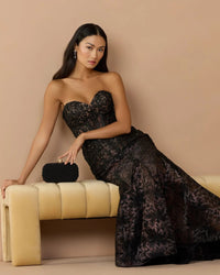 Mac Duggal #79308 black embellished lace strapless trumpet gown