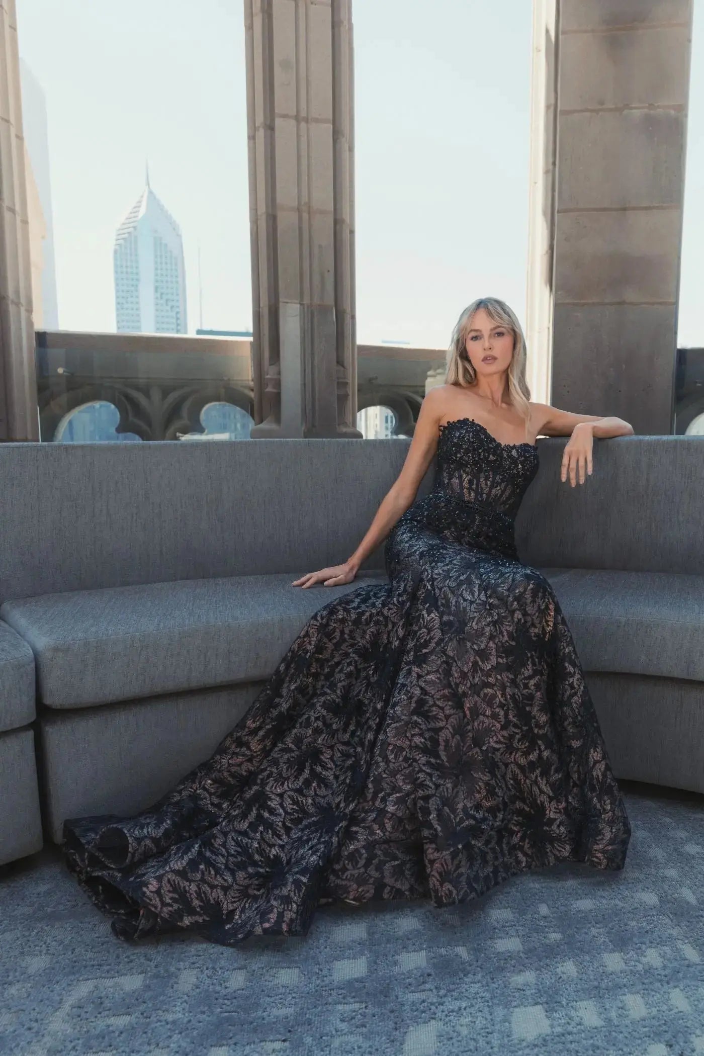 Mac Duggal #79308 black lace trumpet gown lifestyle