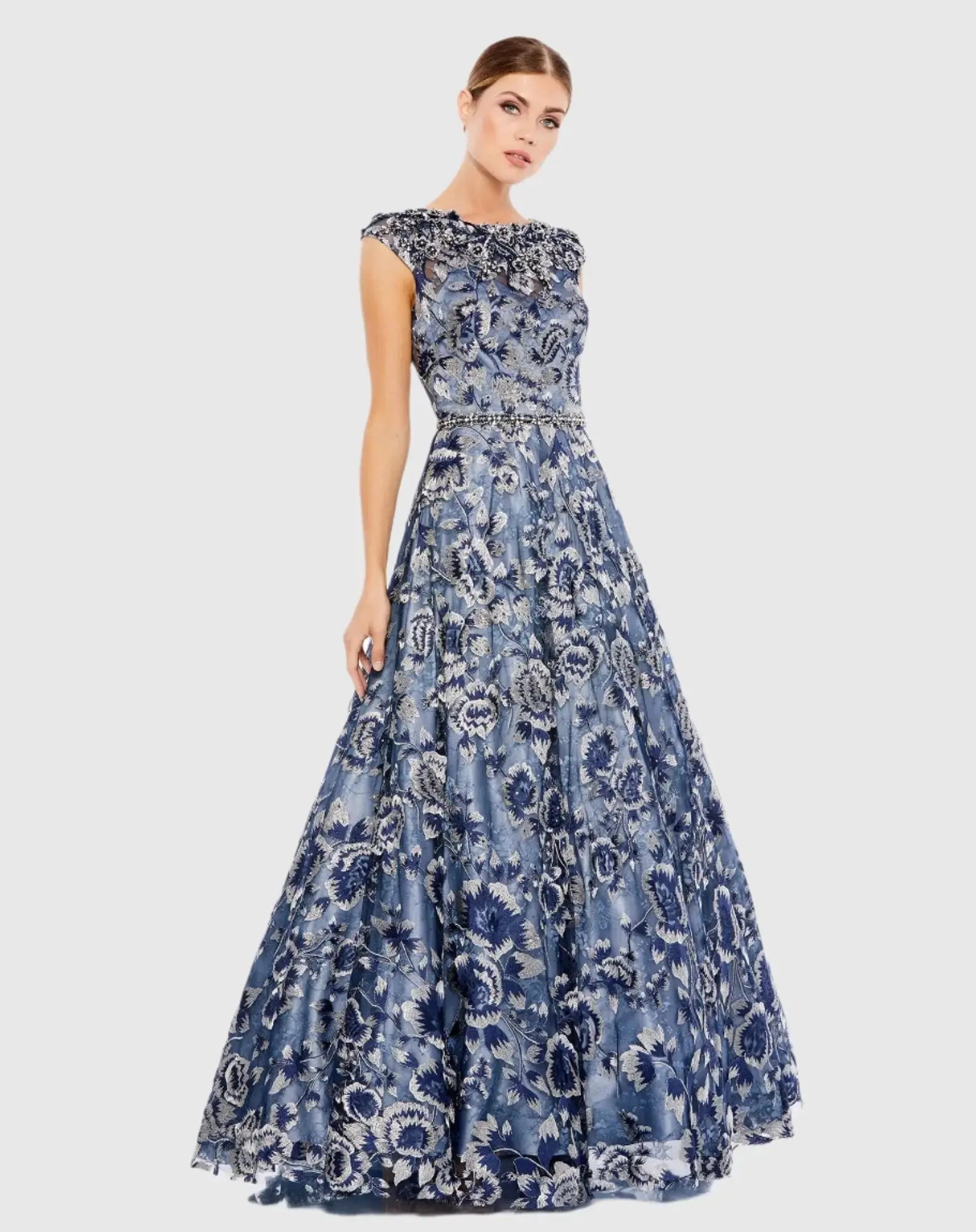 Mac Duggal #79325 Embellished Cap Sleeve High Neck Ball Gown Blue