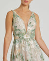 Floral Embroidered Illusion V-Neck Gown - Cream Multi