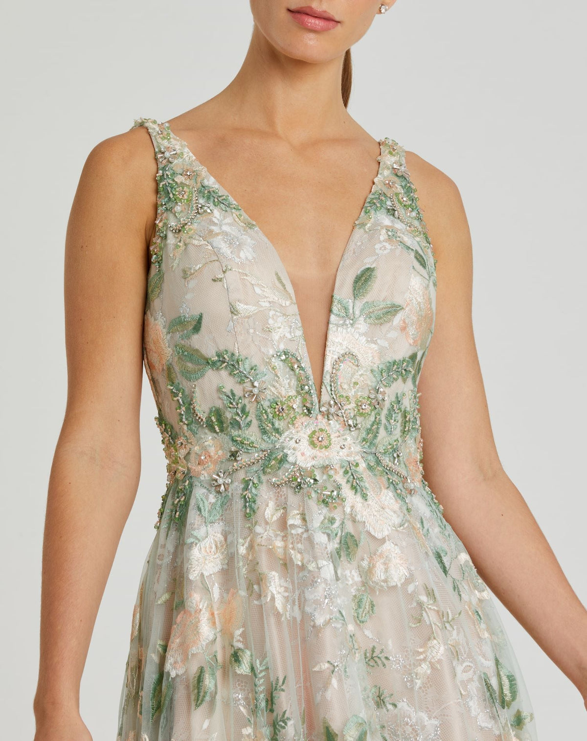 Floral Embroidered Illusion V-Neck Gown - Cream Multi