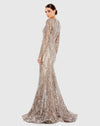 Embellished Long Sleeve Plunge Neck Trumpet Gown - Taupe