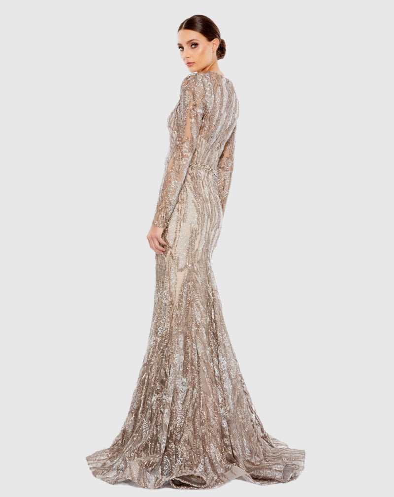 Embellished Long Sleeve Plunge Neck Trumpet Gown - Taupe
